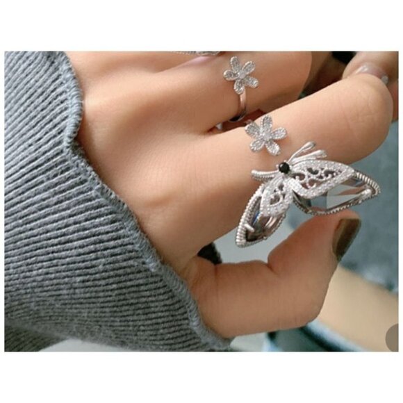 NEW Butterfly Faux Diamond Rhinestone Open Ring Silver Boho Festival - Picture 1 of 7